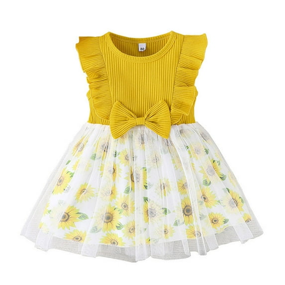 EnJoCho toddler Girls Sleeveless Sunflower Prints Bowknot Ribbed Tulle Princess Dress Clothes Baby Kids Summer Casual Party Dresses 12-18 Months
