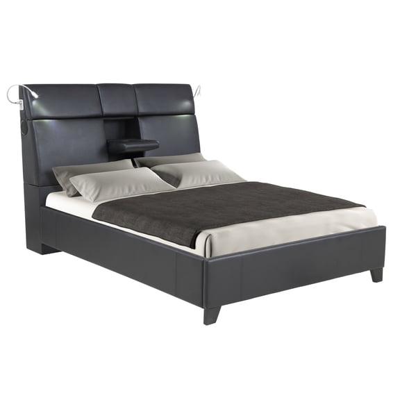 Enabled Queen Bed With Touch Lighting And Beverage Service Tray - Black Modern Storage, Sound In For A Cozy Bedroom Feeling