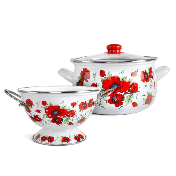Enamel Aluminum Casserole & Colander Pasta Set 5.05-qt. (4.8 L) Aluminum Soup Pot Poppies Enamel Pasta Set Deep Casserole Cooking Pot with Glass Lid Enamel Colander 9.25 x 9.25 x 5.9"