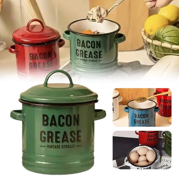 Enamel Bacon Grease Container, 42oz Non-Stick Oil Storage Jar, Grease Keeper with Strainer & Scraper, Farmhouse-Style Cooking Oil Container, Ideal for Preserving Bacon Grease, Cooking Oils