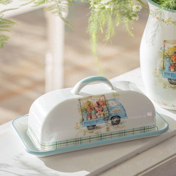 Enamel Butter Dish with Lid Vintage Enamelware Butter Keeper with Flower and Bird Patterns Farmhouse Butter Container Butter holder for Countertop Kitchen Decor Bee