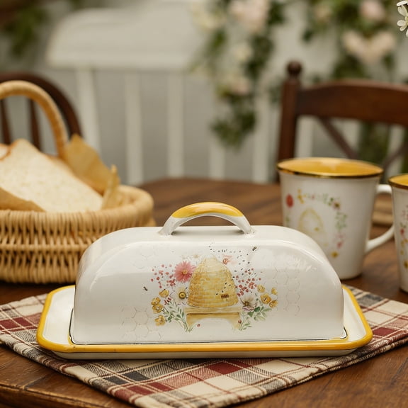 Enamel Butter Dish with Lid Vintage Enamelware Butter Keeper with Flower and Bird Patterns Farmhouse Butter Container Butter holder for Countertop Kitchen Decor Bee