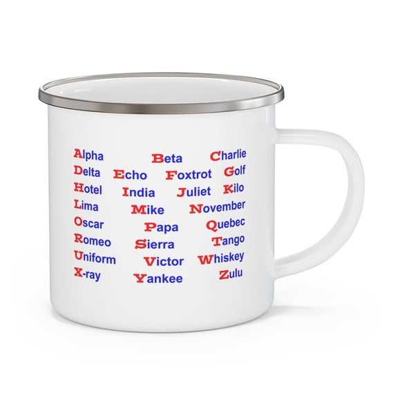 Enamel Camping Mug NATO Phonetic Alphabet