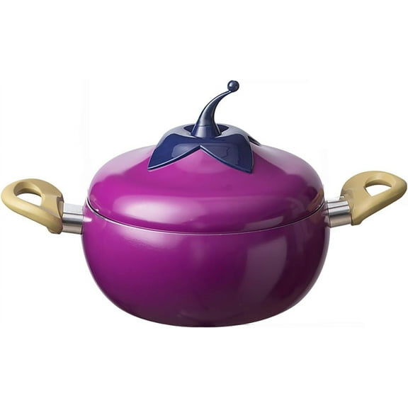 Enamel Cast Iron Stock Pot, Nonstick Soup Pot Pasta Can, Tomato Cocotte, Cute Vegetable Shape, Multifunction Cooking Pot with Handles for Thanksgiving Grill, Oven Backyard Cooking,Eggplant Pot