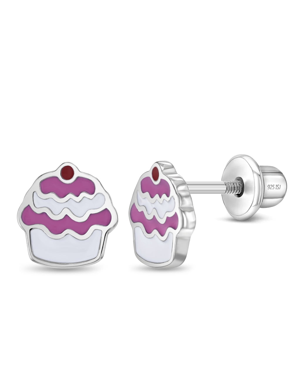 Enamel Cupcake Baby / Toddler / Kids Earrings Screw Back - Sterling Silver