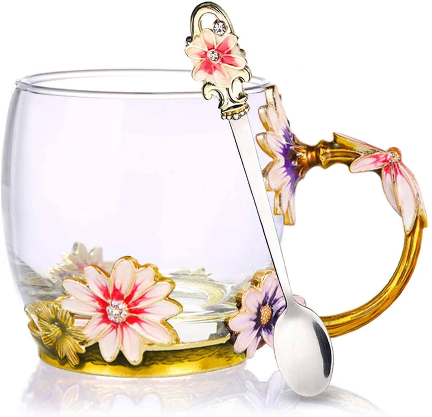 Vintage Glass Tea Cup Set With Lid & Saucer - Enamel Daisy Flower Design 11oz Coffee Mug