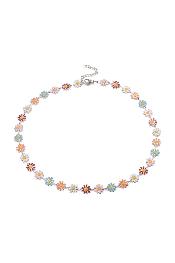 Enamel Daisy Link Chain Necklace 304 Stainless Steel Jewelry for Women Stainless Steel Color Colorful 16.3 inch(41.5cm) DIY