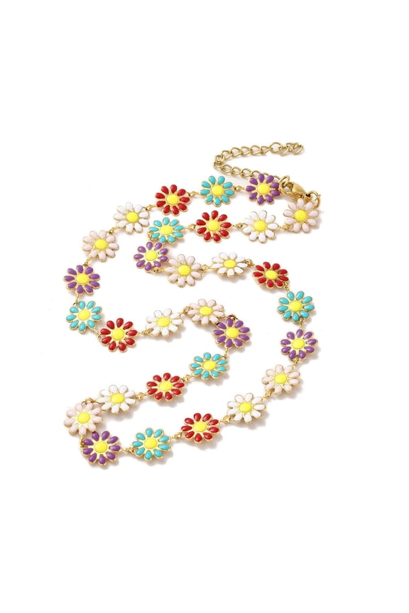 Enamel Daisy Link Chain Necklaces 304 Stainless Steel Necklace Golden 15-7/8 inch(40.4cm)