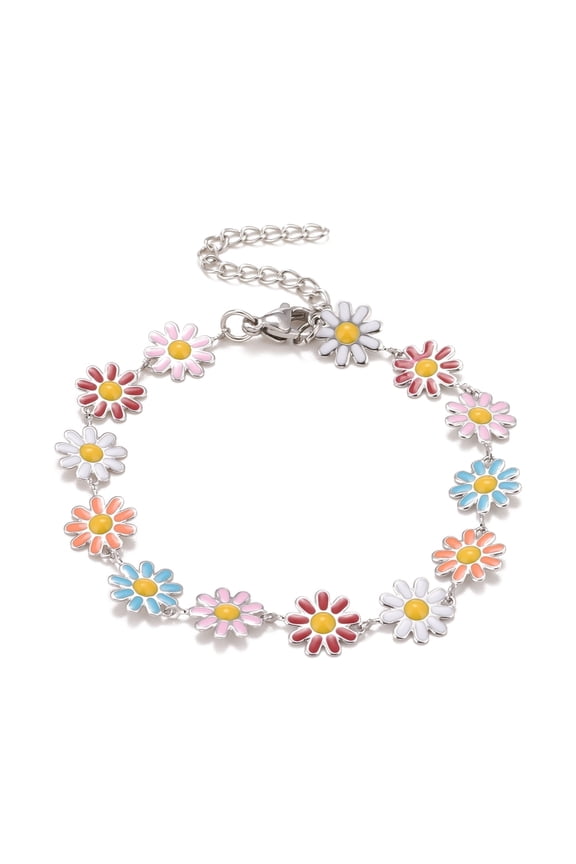 Enamel Daisy Link Chains Bracelet 304 Stainless Steel Jewelry for Women Stainless Steel Color Colorful 7-1/4 inch(18.4cm) for diy