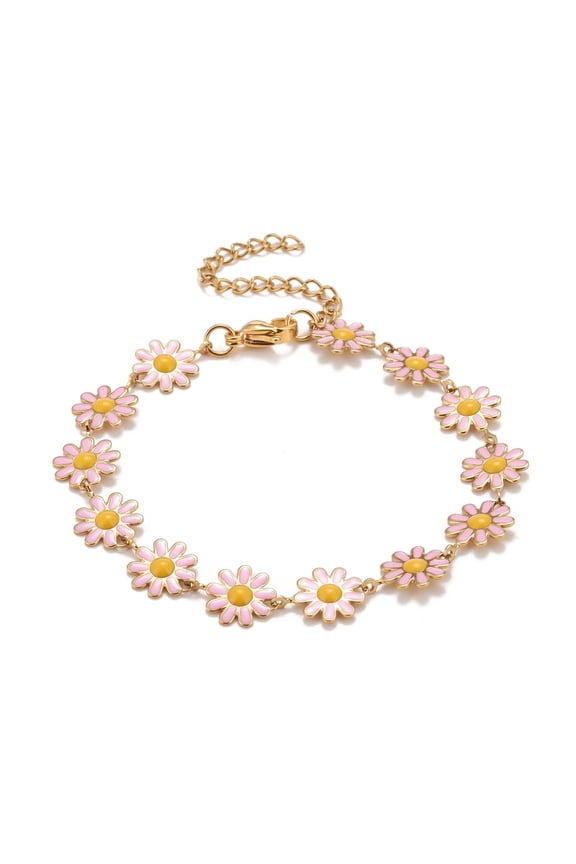 Enamel Daisy Link Chains Bracelet PVD Vacuum Plating 304 Stainless Steel Jewelry for Women Golden Pink 7-1/4 inch(18.4cm) 5pcs