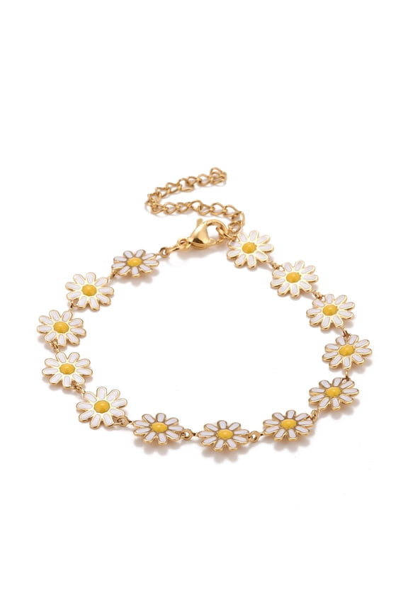 Enamel Daisy Link Chains Bracelet PVD Vacuum Plating 304 Stainless Steel Jewelry for Women Golden White 7-1/4 inch(18.4cm)