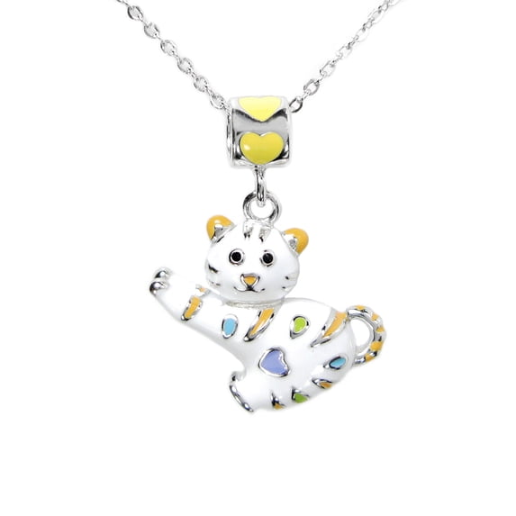 Enamel Dangle White Cat Heart Bead Charm Pendant Sterling Silver Necklace 14'' + 2'' Extender