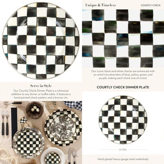 Enamel Dinner Plate Decorative Dinnerware Plate 10 Inches Set of 1 Black-and-White Courtly Check