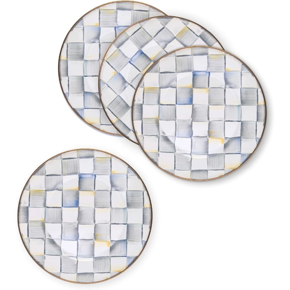 Enamel Dinner Plate, Decorative Dinnerware Plate, 10 Inches, Set of 4, Gray-and-White Sterling Check