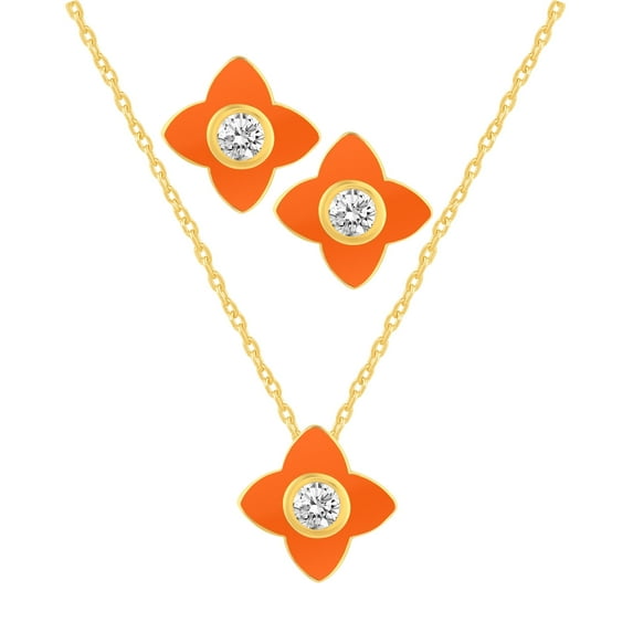 Enamel Earrings + Pendant Box Set for Women Gold Tone 17 Inch Chain + 2in Extender