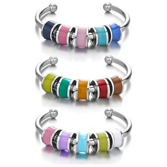 Enamel Fidget Rings for Anxiety for Women, Men, Open Adjustable Silver Stainless Steel Spinner Rings with Color Beads, Aesthetic Jewelry (3 Rings)