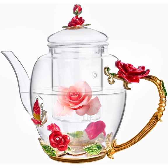 Enamel Glass Flower Tea Pot With Removable Loose Tea Leaf Infuser Tea Maker Teapot Set 30.4OZ Gifts for Women,Mom,Birthday