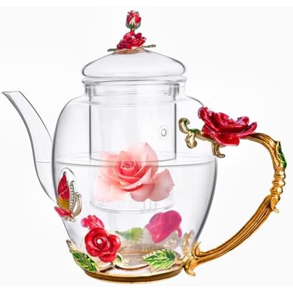 Enamel Glass Flower Tea Pot With Removable Loose Tea Leaf Infuser Tea Maker Teapot Set 30.4OZ Gifts for Women,Mom,Birthday