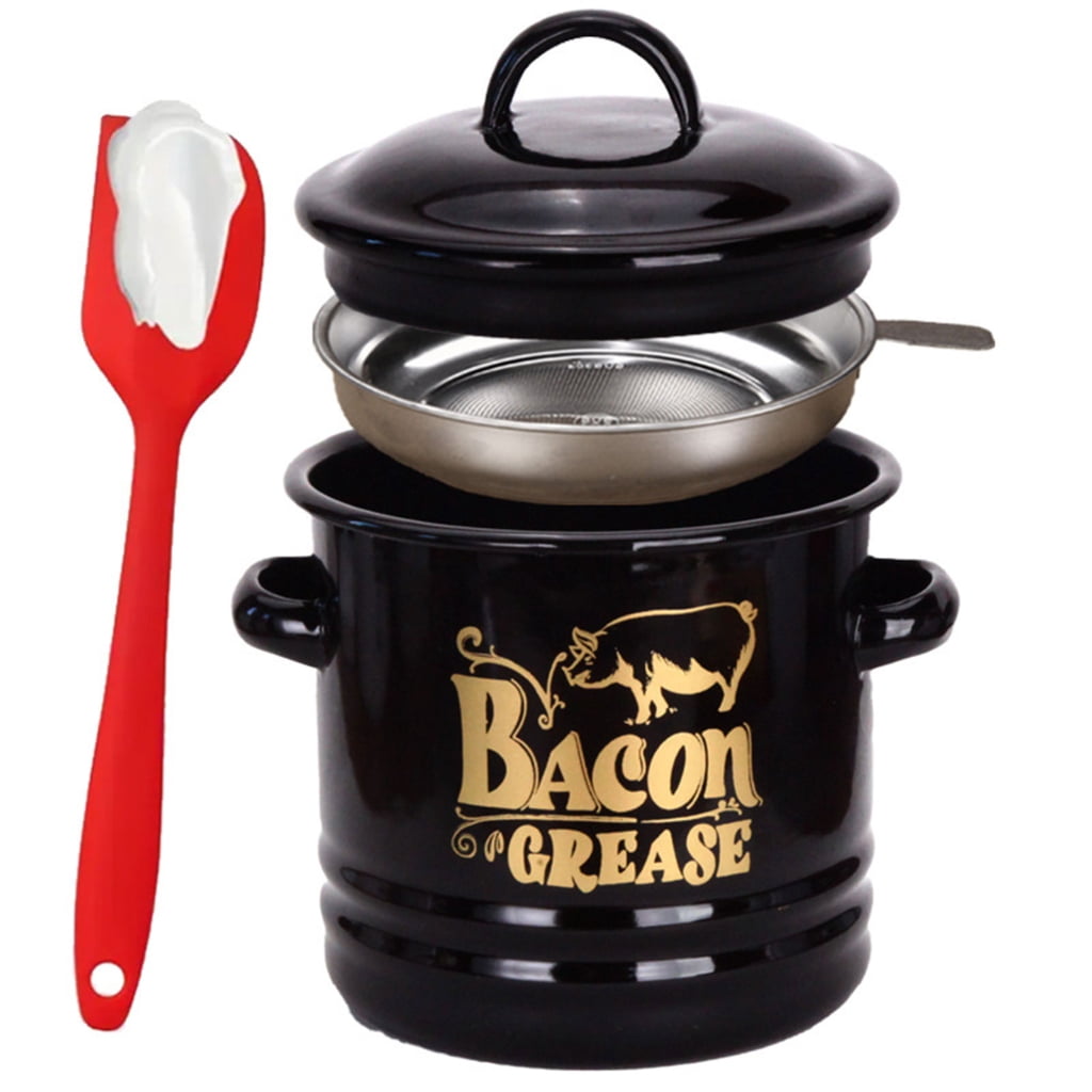 Enamel Grease Container with Built In Strainer And Silicone Spatula For ...