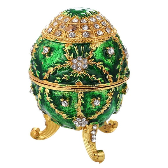 Enamel Green Metal Russian Egg Open Vintage Easter Gift Jewelry Box