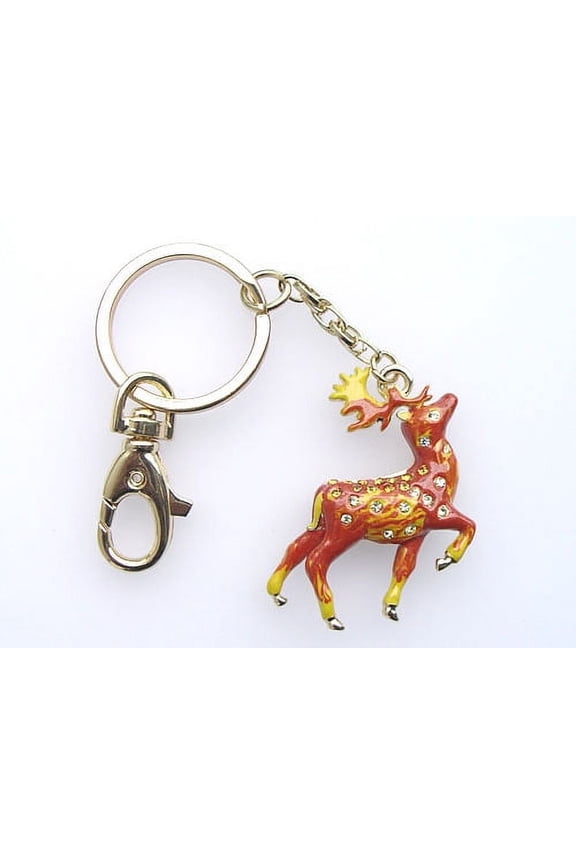 Enamel Handpainted Topaz Crystal Rhinestone Red Golden Stag Deer Clip Key Chain