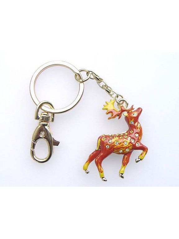 Enamel Handpainted Topaz Crystal Rhinestone Red Golden Stag Deer Clip Key Chain