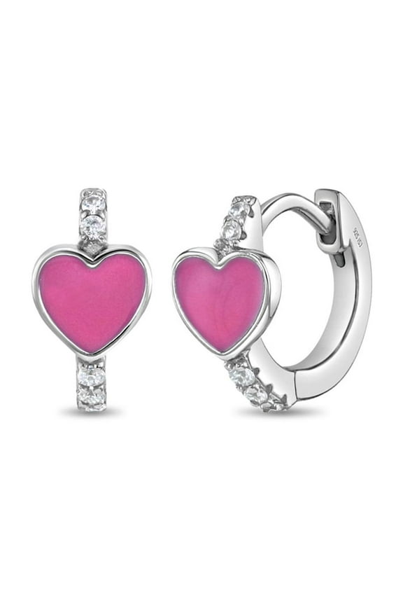 Enamel Heart Kids / Children's / Girls Earrings Huggie Hoop - Sterling Silver
