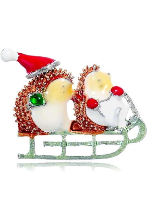 Enamel Hedgehog Brooch Pin for Women Cute Winter Animal Sled Ski Lapel Pin Christmas Holiday Clothes Accessory Jewelry