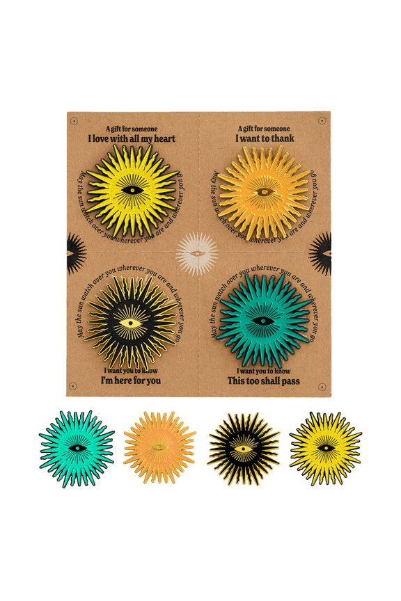 Enamel Lapel Pin Set - 4 Large Pins: Stylish and Fun Gift, Cool Pins for Family and Best Friends. Sun Amulet Spiritual Brooches.