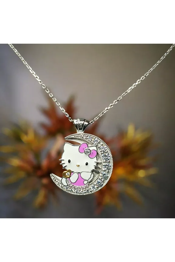 Enamel Lovely Cute Hello kitty On the Moon Pendant 925 Silver Created Diamond