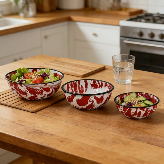 Enamel Bowls Set of 3,Enamel Serving Bowls, Enameled Steel Mixing Bowls for Cooking Prepping, Salad Bowl, Fruit Bowl for Kitchen, Dishwasher Safe