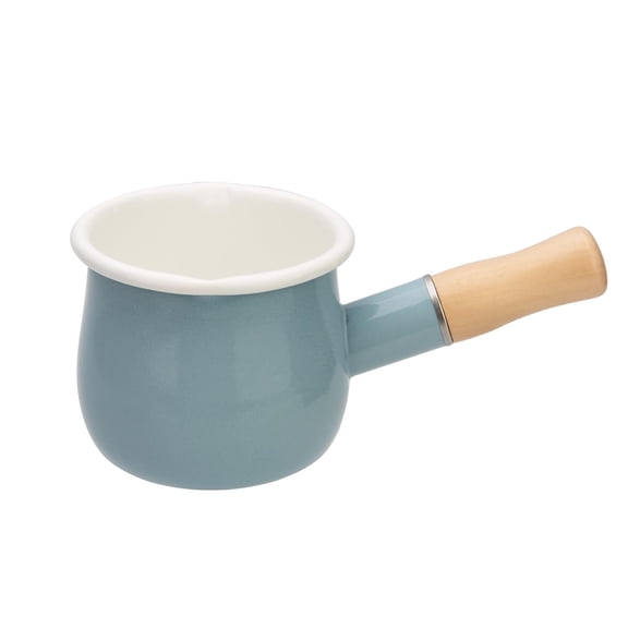 Enamel Milk Pot, Butter Warmer Non-stick Mini Saucepan, 4 Inch 17 Oz Small Cookware with Wooden Handle