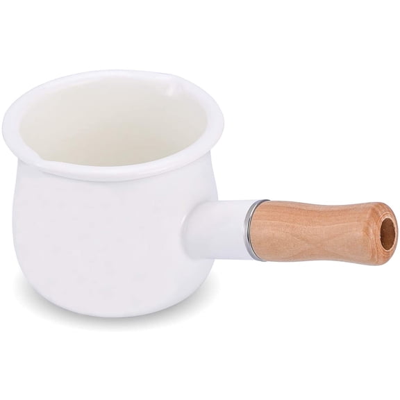 Enamel Milk Pot, Small Saucepan Milk Pot Butter Warmer 4 Inch 17 Oz Enamel Small Sauce Pan with Wooden Handle, Perfect Size for Heating Smaller Liquid Portions. (White)
