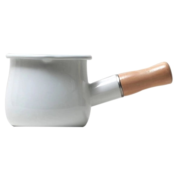Enamel Milk Warmer Pot, Japanese Style Mini Saucepan, White Butter Melter with Wood Handle, Single Serve Stove Top Cookware for Sauce, Coffee