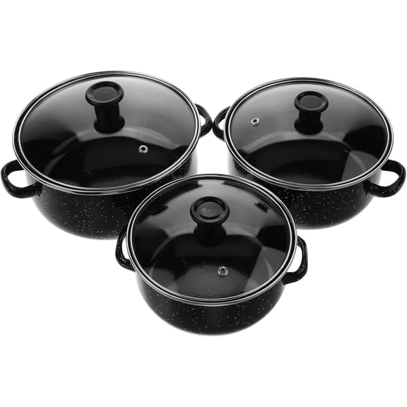 Enamel Mini Soup Pot Set, 3-Piece 1.5Qt Small Saucepan with Lid, Black Color Stovetop & Induction Compatible - Portable Cooking Pot for Stew, Soup, Noodles, Dorm & Small Kitchen(DSF)