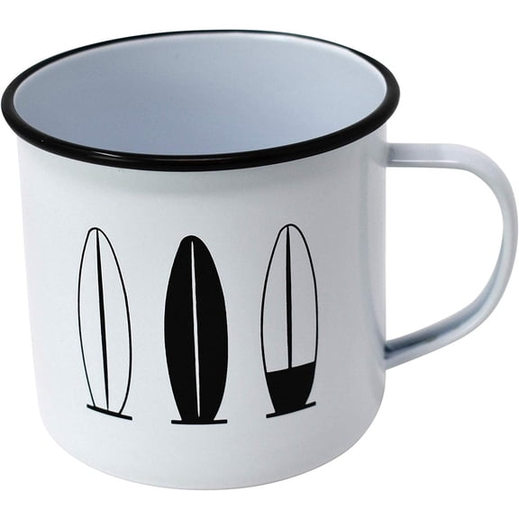 Enamel Mug by Modern Retro! Camping Mug in 8 Vintage Enamelware Designs  Fun Metal Coffee Mug and Durable Camping Cup - Tin Mugs for Coffee (or Whiskey) Home and Camp Cups with Nostalgia (SURFBOARDS)