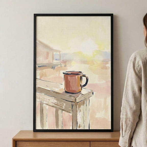 Enamel Mug Rustic Wall Art, Coffee Cup Sunrise Print, Cabin Kitchen Decor, Unframed Paper Poster 8x10in