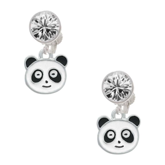 Enamel Panda Face Clear Crystal Clip On Earrings