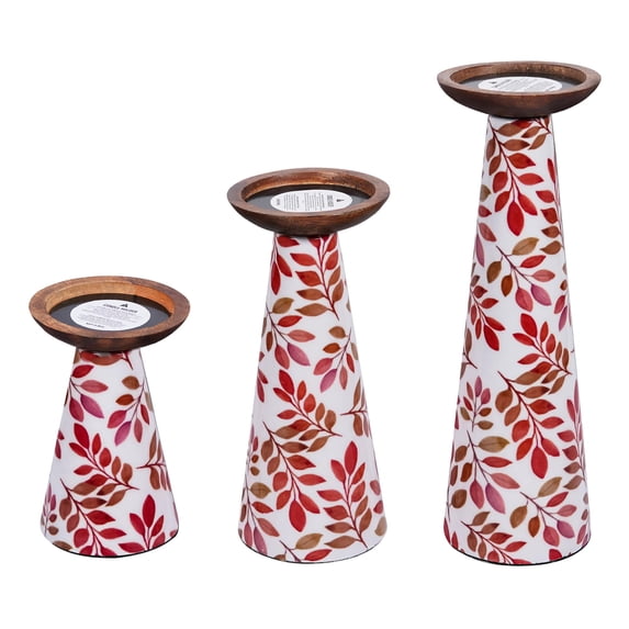 Enamel Pillar Candle Holder Set of 3 (White/Pink Floral) - Hand Crafted Metal Candle Holder Decor - Metal Candle Holder Set for Table Centerpiece - Candle Holders Set of 3-6", 9", 12"