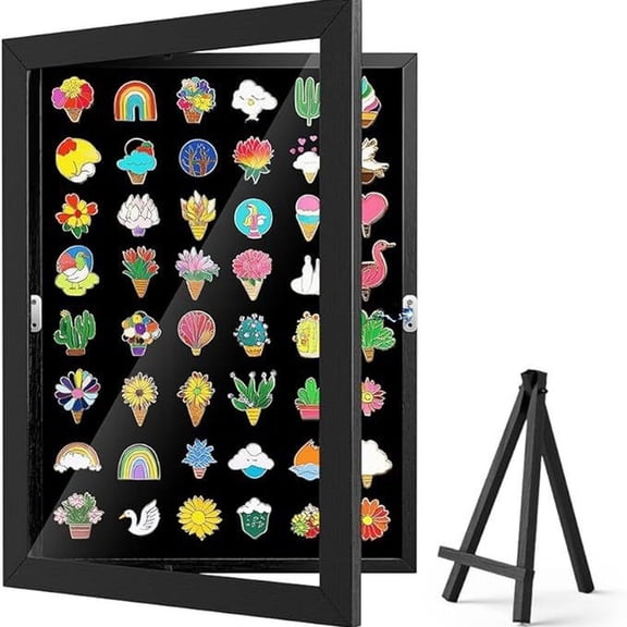Enamel Pin Display Case Wall Mountable Tabletop Holder with Magnetic Closure Clear View 13 x 9 Inch Black