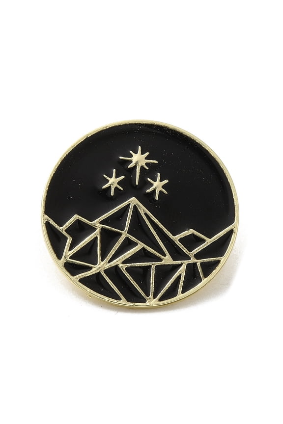 Enamel Pins Alloy Brooches for Backpack Clothes Flat Round with Mountain Star Golden 29x1.5mm