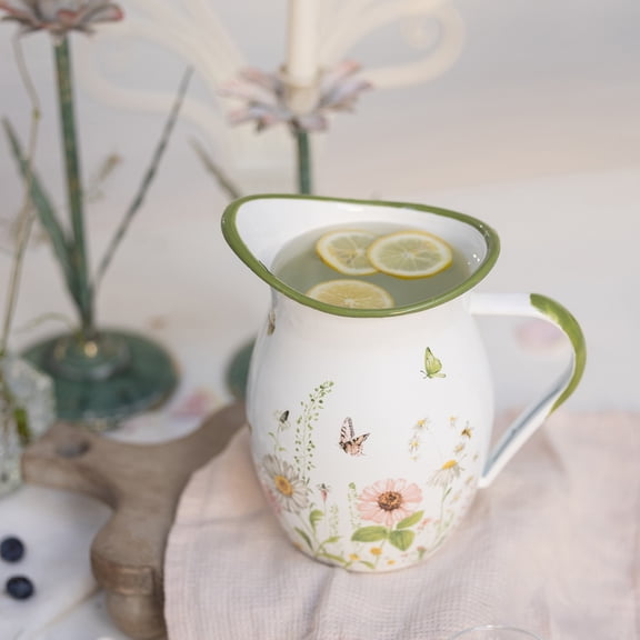 Enamel Pitcher 1.2 Qt, Vintage White Enamelware Water Pitcher Serving Beverage,Tea,Milk,Coffee,Decorative Flower Pitcher Vase for Kitchen Living Room Tabletop Decor