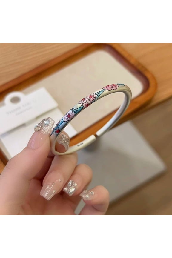 Enamel Plum Blossom Silver Tone Bangle Vintage Chinese Style Bracelet for Women Traditional Floral Jewelry Fashion