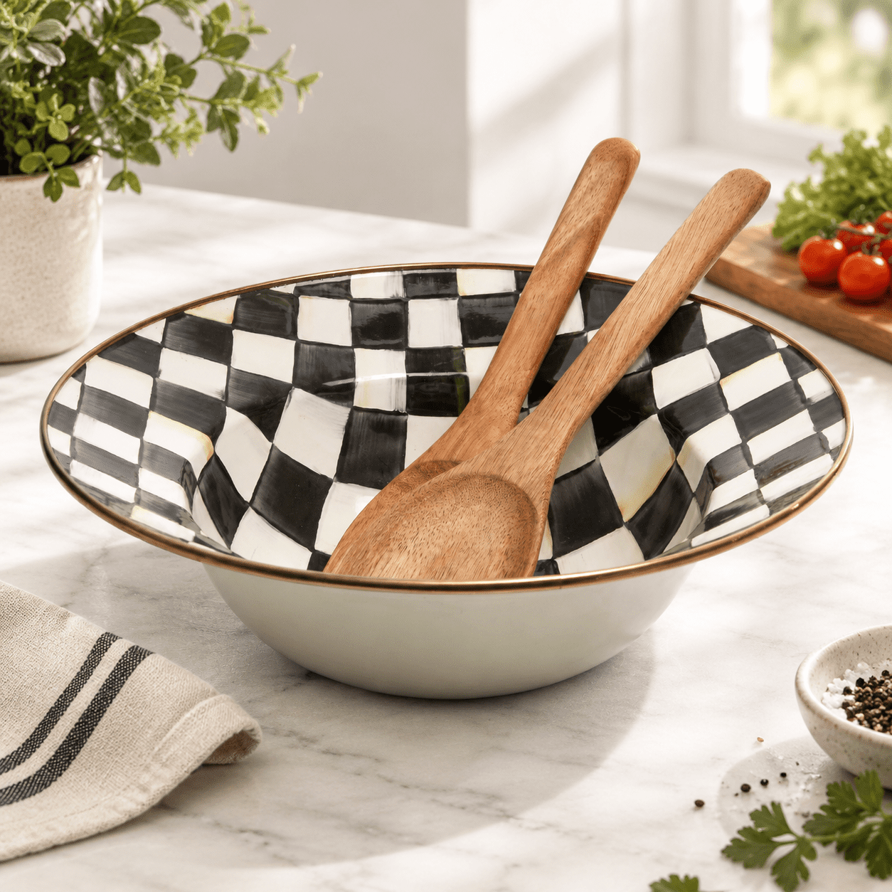 White Electronic Pattern Enamel Salad Serving Bowl with Servers, Courtly Check Black-and-White ...
