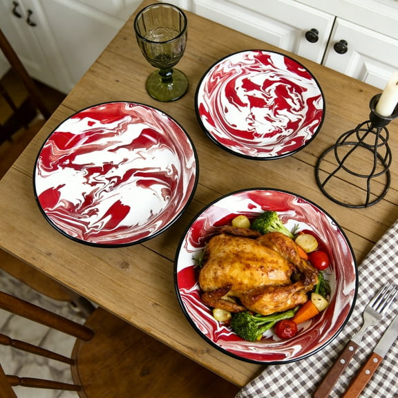 Set of 3 Enamel Dinner Plates, Enamelware Dinner Serving Platter Trays,Retro Shallow Bowls for Pasta, Salad, Camping, Outdoor, Picnic, BBQ