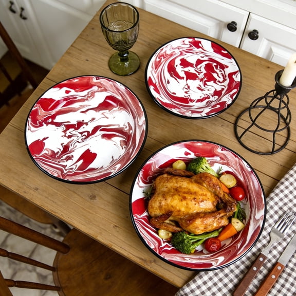 Enamel Plates Dinner Plates Serving Platters Shallow Bowls for Food Salad Camping Picnic,Set of 3