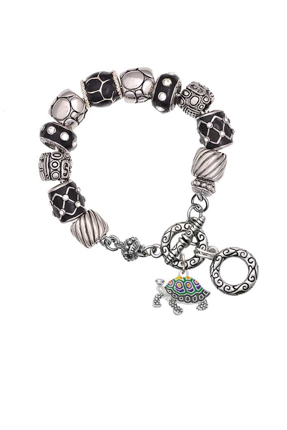 Enamel Side Turtle Black Pebble Bead Charm Bracelet