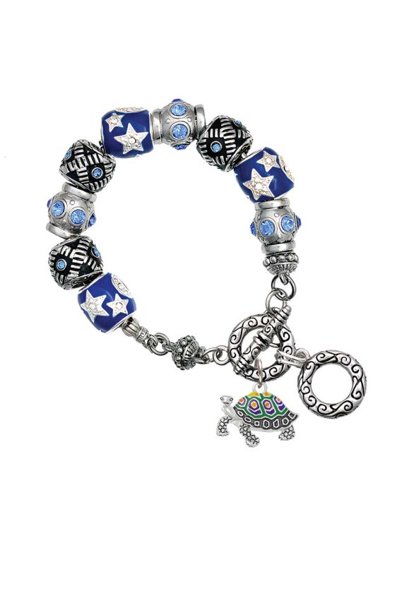 Enamel Side Turtle Blue Moon Bead Charm Bracelet