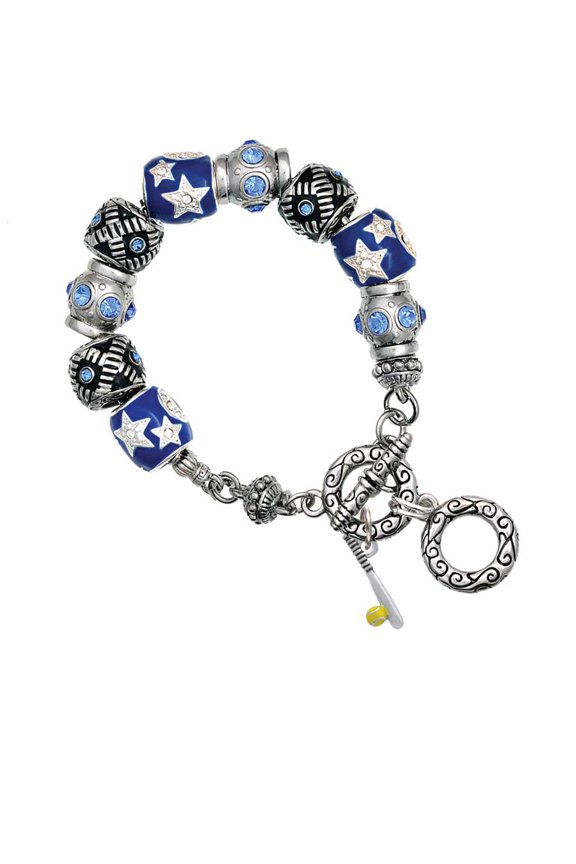 Enamel Softball and Bat Blue Moon Bead Charm Bracelet