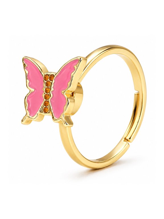 Enamel Spinner Butterfly Fidget Rotating Peachpuff Polished Shiny Adjustable Ring Gold Pink R216